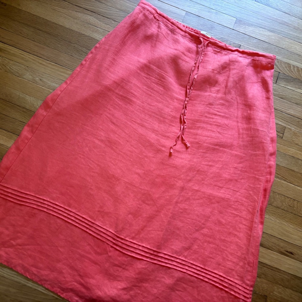 VTG 100% Linen A-Line Maxi Skirt 1x Coral Drawstring Pin Tuck Choices Women‎ 90s
